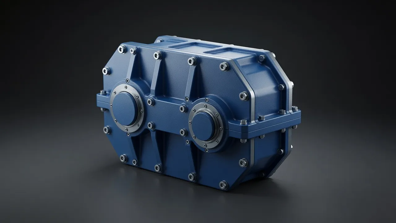 Detailed view of worm gear reducer on industrial conveyor